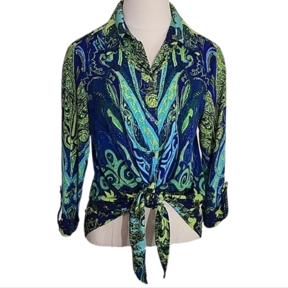 Peter Nygard Tops - Nygard Shirt Paisley Abstract Button Down Tie Front Long Sleeve Blue Size PM